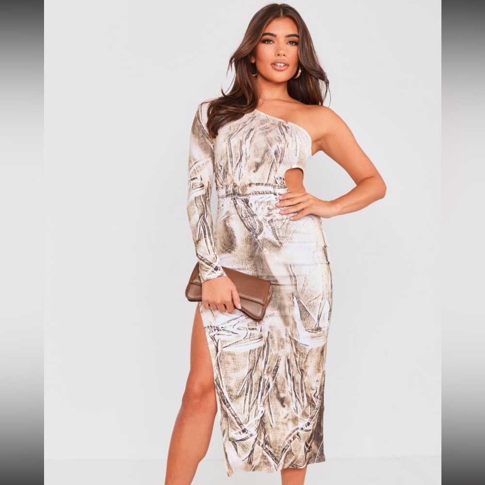 PrettyLittleThing One-Shoulder Dress in Cream and Brown